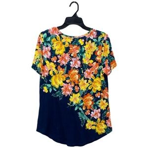 JM Collection Blue and Yellow Relaxed Short Sleeve Blouse